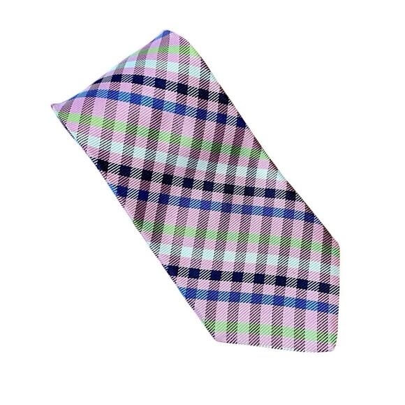 Hickey Freeman Silk Tie Men's | Pink Blue White Green Spring Check Hand Tailored - Picture 1 of 4